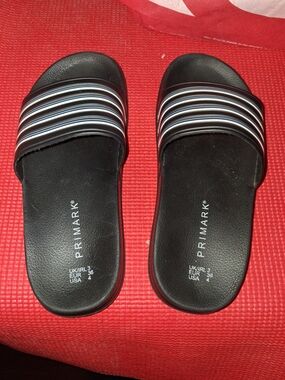 Primark Cushioned Black Slides with White and Light Blue Striped Strap Size 4